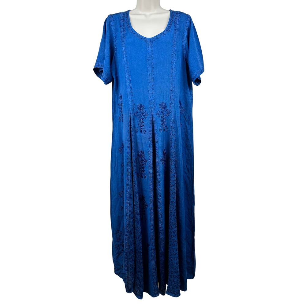 NEW Advance Apparels Maxi Dress Embroidered India Blue Rayon XL Boho Peasant